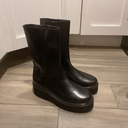 Dorothee Schumacher Sporty Elegance Platform Black Leather Ankle Combat Moto Boots Shoes sz 37, NEW