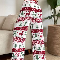 Flirla Christmas Plush Graphic Print Comfortable Women Loose Straight Leg Pants 