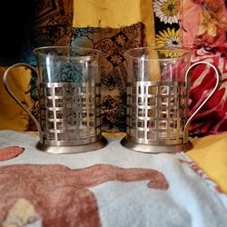 Vintage Mid-Century Style Glass & Metal Tea Cup Set (Pair)