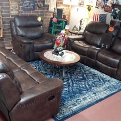 8 PC. "MAN CAVE" CLEARANCE! SOFA, LOVESEAT, CHAIR, LED WINE RACK BARRELL,3 TABLES, PREMIUM RUG! LAST ONE!