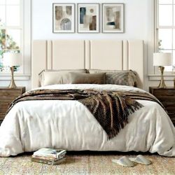 Amolife King Bed Frame, Platform Bed with Upholstered Velvet Adjustable Headboard, Wooden Slats, Easy Assembly, Cream