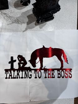 Talking to Boss Female with Horse and Cross Metal Sign 12x24