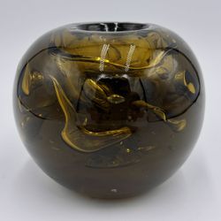 Hand Blown Glass Sphere Candle Holder Bubbles Amber Green