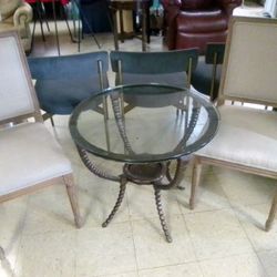 Zentique Louis Upholstered Dining Chairs Plus Round Circular Brass Bottom Table