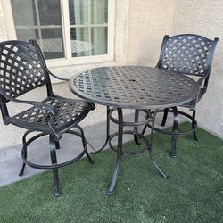 Patio,Outdoor furniture,Barstools Set,2 swivel chairs with cushions,Table.