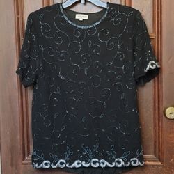 Vintage JANIQUE Elegant Beaded Black With Sequin Blouse. Size Medium