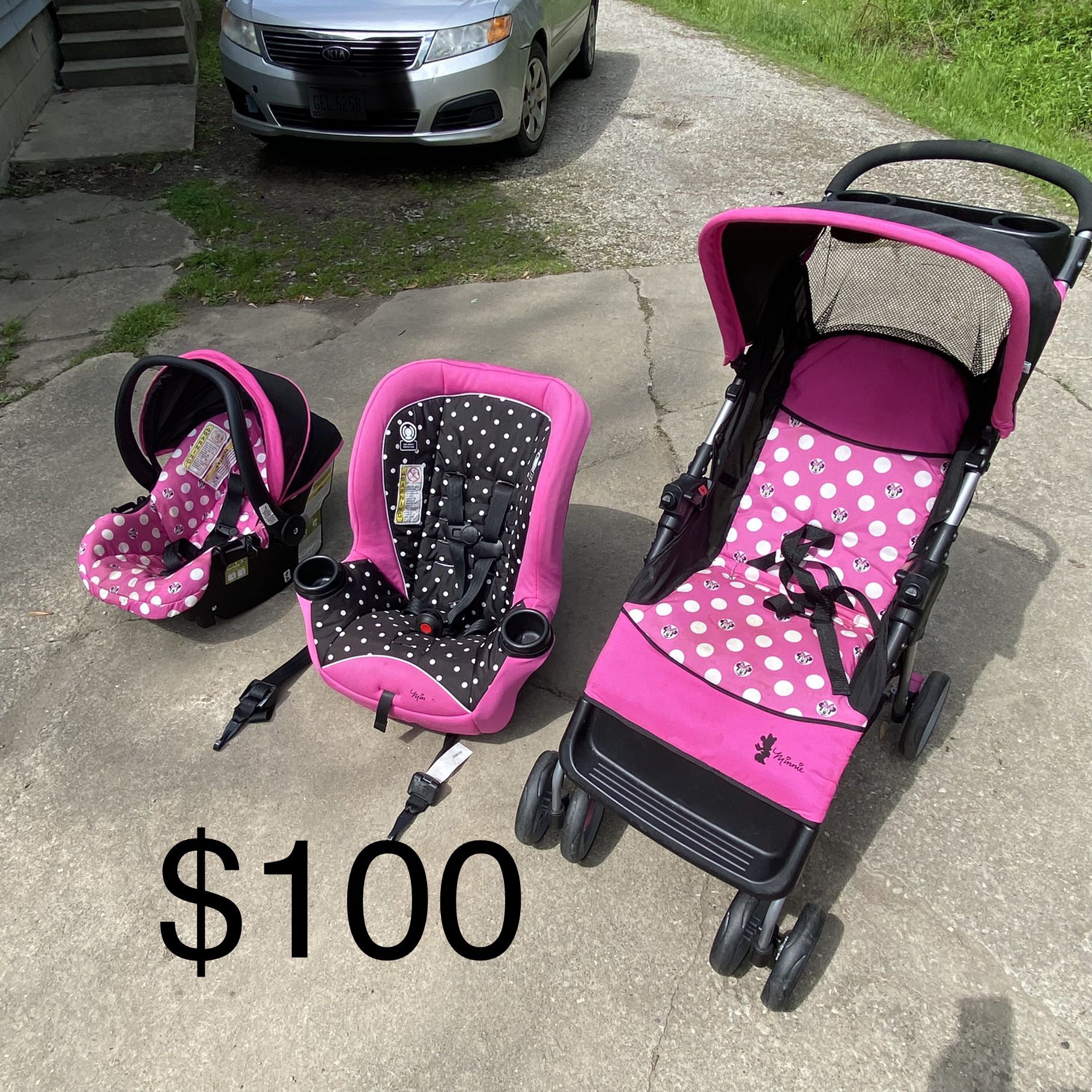 Minnie mouse infant carrier car seat, toddler car seat, and stroller