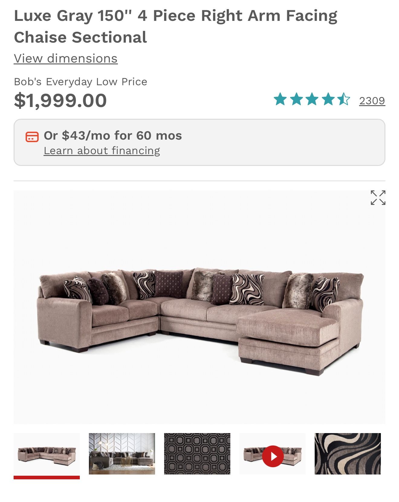 Oh-my-Bobs! Luxe Gray Left-arm Facing Chaise Sectional