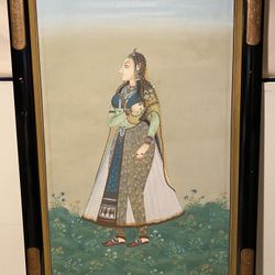 FINE PAINTING VINTAGE1970s  ART OF WOMAN INDIAN  IN SILK HANDMADE - HEIGHT 37” - WIDTH 24” $700.00