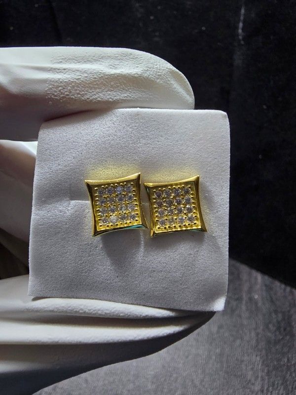 These 10kt gold over 925 silver square Moissanite diamond earrings
