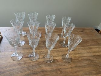 12 Etched Wine Glasses