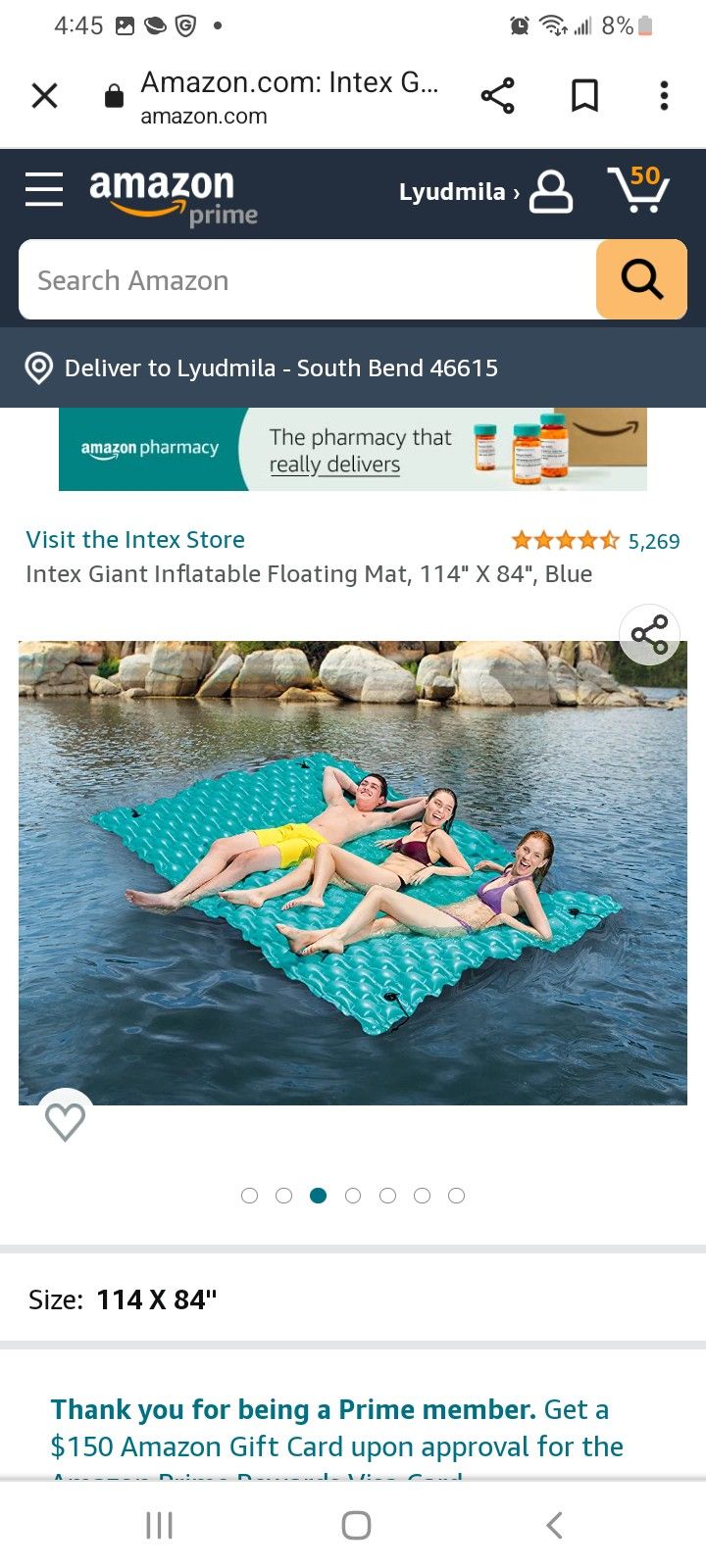 Intex Giant Inflatable Floating Mat, 114" X 84", Blue

