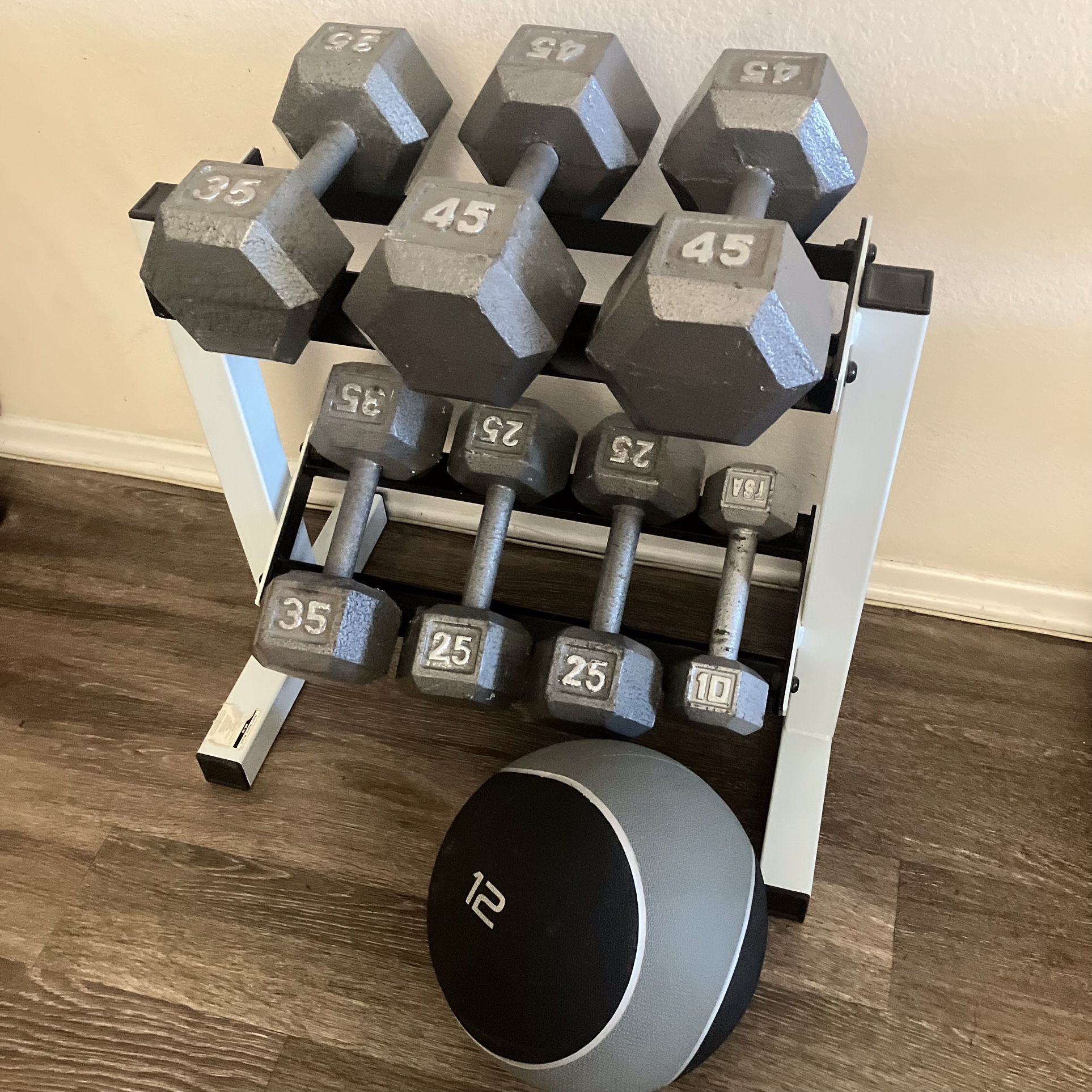 Dumbbells Weight Sets Pairs 25 35 45 Medicine Ball and Rack 