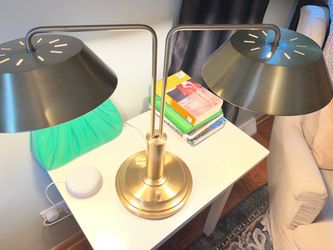 Brass Double Arm Desk Lamp with Metal Shades