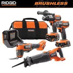 RIGID 4 Piece Tool Set - 18V Brushless Cordless 4-Tool Combo Kit with (1) 4.0 Ah and (1) 2.0 Ah MAX Output Batteries, 18V Charger, and Tool Bag