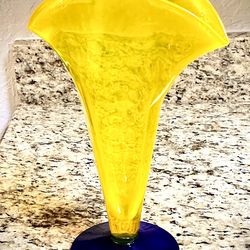 Hand blown, vintage Fan Vase  in opaline yellow with a cobalt blue base. Blenko Glass Company #872 art glass.