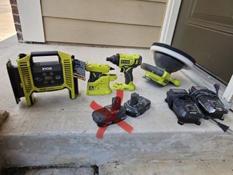 Ryobi Tool Lot – Inflator, Hot Glue Gun, Impact Driver, Orbital Buffer, 2 Chargers & 1 Battery