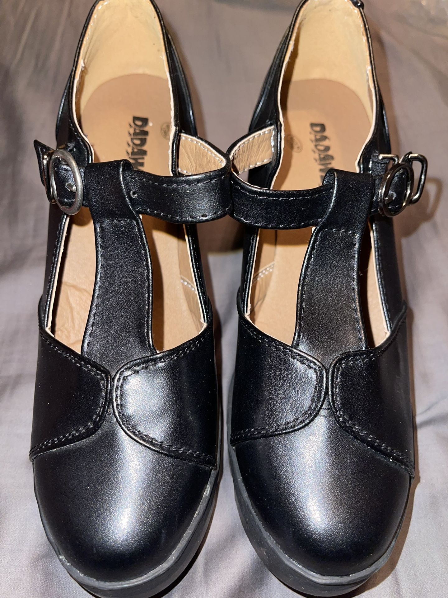 Black DADAWEN Women's Leather Classic T-Strap Platform Chunky Mid-Heel Mary Jane Square Toe Oxfords