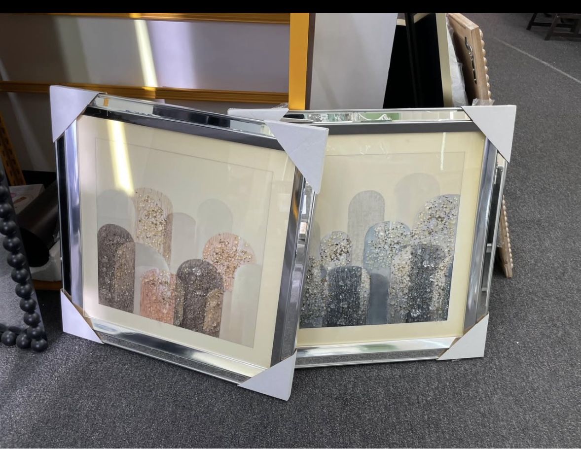 New 23.6" H Square-Shaped Blue & Orange PS/Mirror Kaiden Crystal Mirror Framed (Set of 2), Wall Art