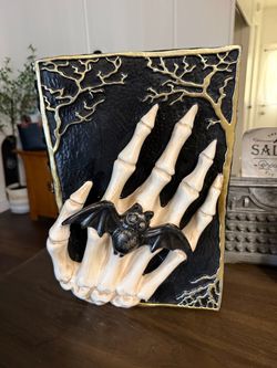 Halloween Skeleton Hand and Bat Spell Book Decor