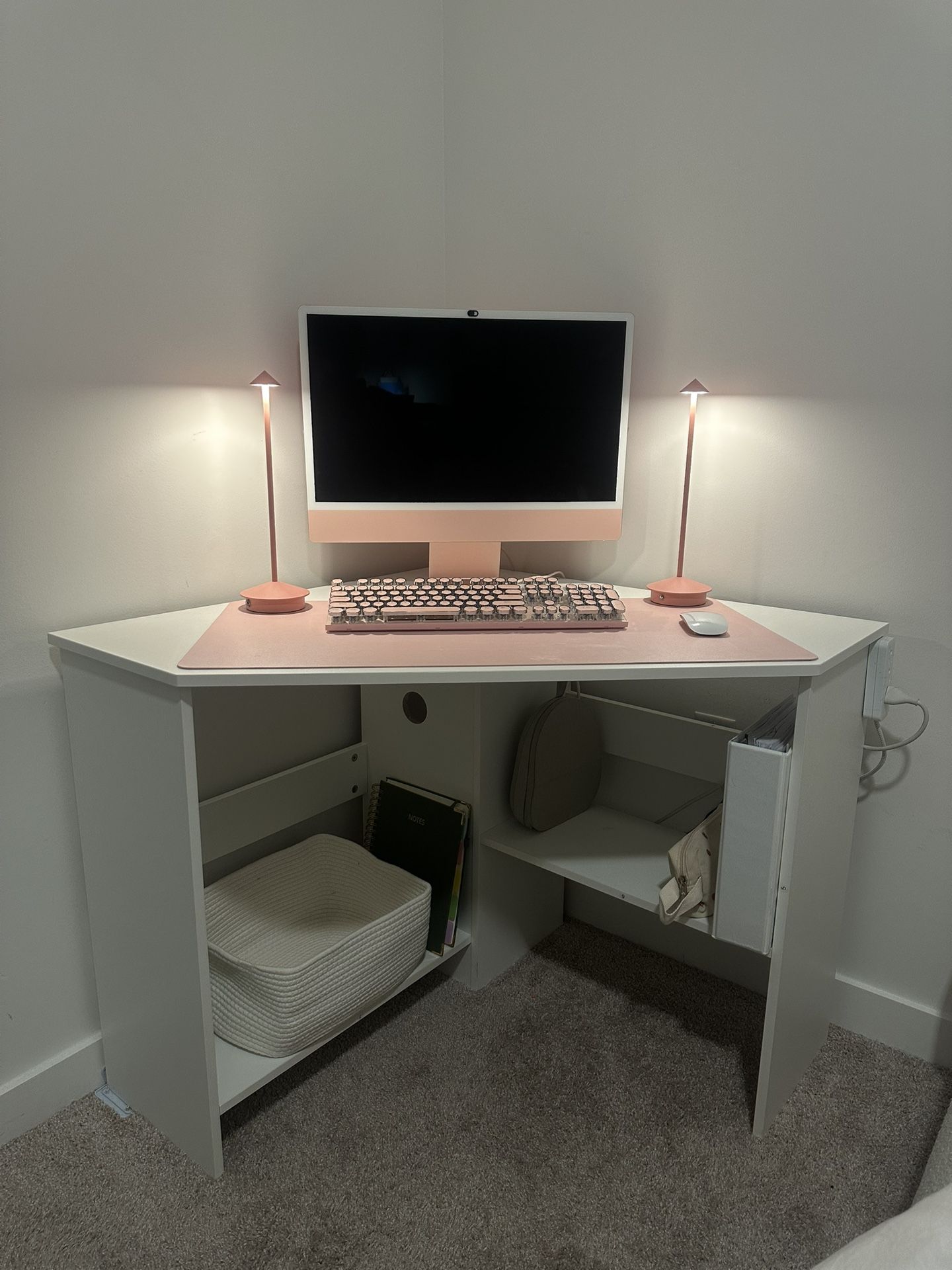 Corner Desk - 90 Degrees Triangle for Computer, Small Space, Bedroom, Makeup Vanity Desk with Storage Shelves & CPU Stand, Space Saving Writing Desk,