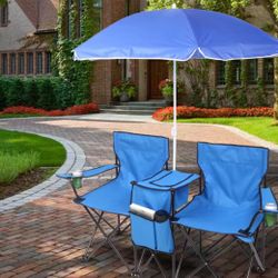 Portable Outdoor 2-Seat Folding Chair with Removable Sun Umbrella Blue