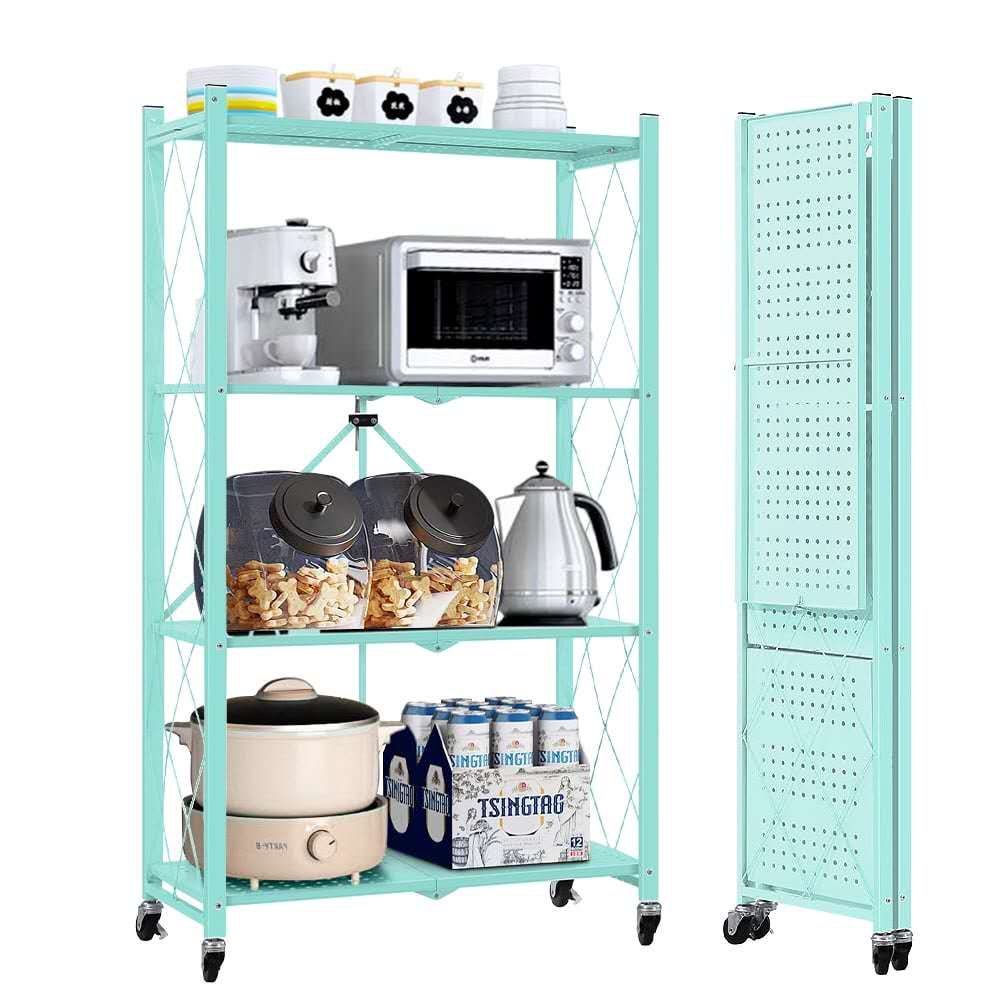 COOKCOK 4-Tier Storage Shelving Unit, Metal Shelf, Foldable Storage Shelf with Wheels, 27.9"x13.4"x49.72" Garage Shelf, Kitchen Shelf with 4 Hooks, No