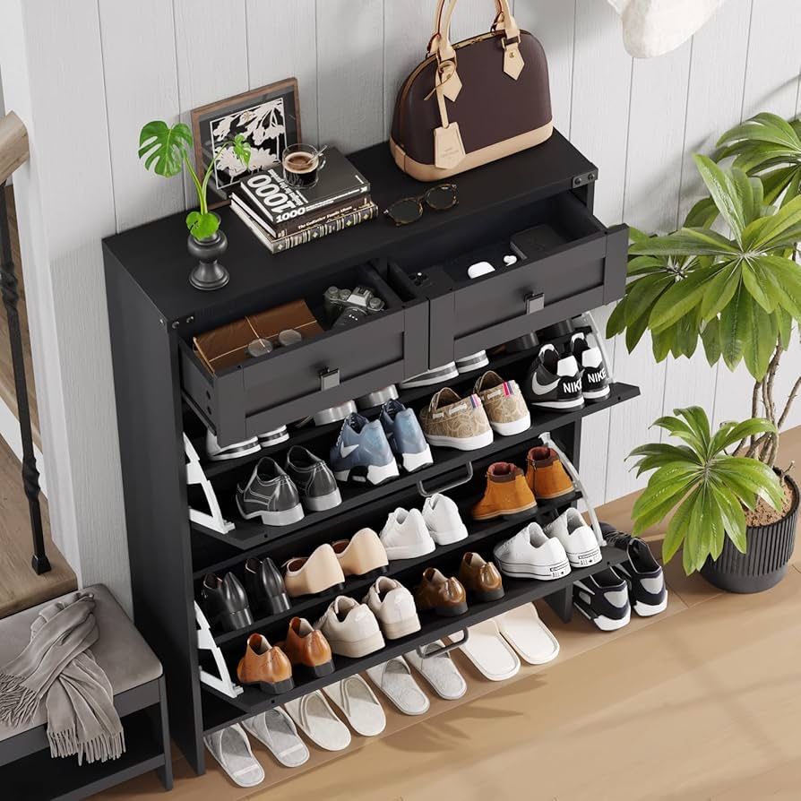 Shoe Cabinet with 2 Flip Drawers & 2 Drawers,Farmhouse Shoe Storage Cabinet for Entryway,Slim Freestanding Narrow Organizer Rack for Front