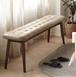 Button-Tufted Khaki Oak 100% Solid Wood Cowhide Leather Upholstered Bedroom Bench for Living Room, Dining Room, Office