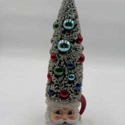 Santa Claus Bottle Brush Flocked Tree Retro Style Figurine Christmas Resin mug