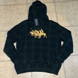 Polo Ralph Lauren Green Watched Plaid Gold Triple Horse Mens Hoodie Size XL