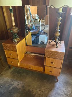 Mid-Century Vanity with Mirror and Storage Drawers