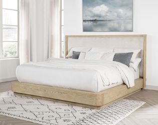 New Modern Coastal Queen Platform Bed | Beige Oak & Upholstered Wingback Headboard | No Box Spring Needed