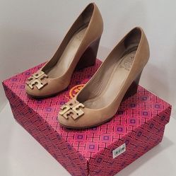 Tory Burch Lowell Leather Wedge Pumps Shoes 85 mm Natural Blush Tan Size 5 Women