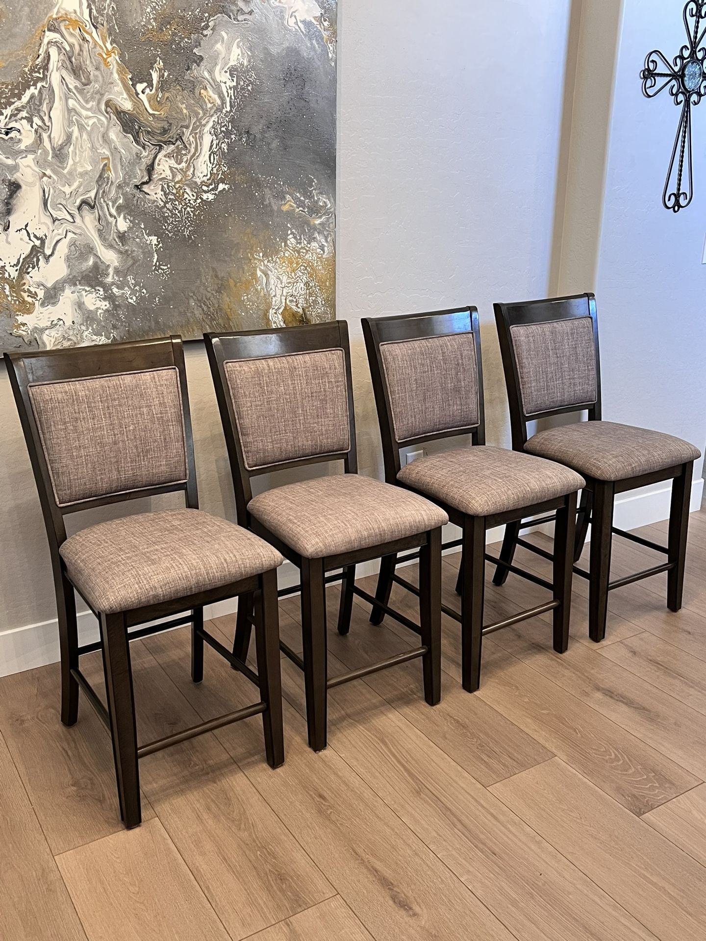 FOUR Solid Wood Trim Grey Fabric Bar Stools-Counter Height Chairs-Counter Stools-High Top Chairs