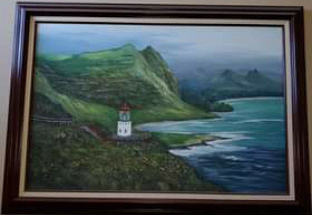 Large framed painting of the Makapu'u Lighthouse in Hawaii