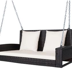 2 Person Patio Rattan Hanging Porch Swing Bench Chair Beige