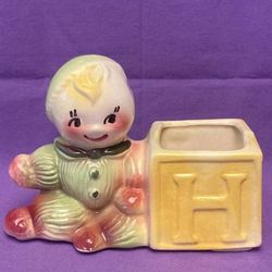 Vintage American Bisque baby rag doll with toy block ceramic planter green pink