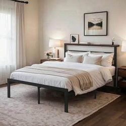 New Full Size Bed Frame with Shelves Headboard, Brown