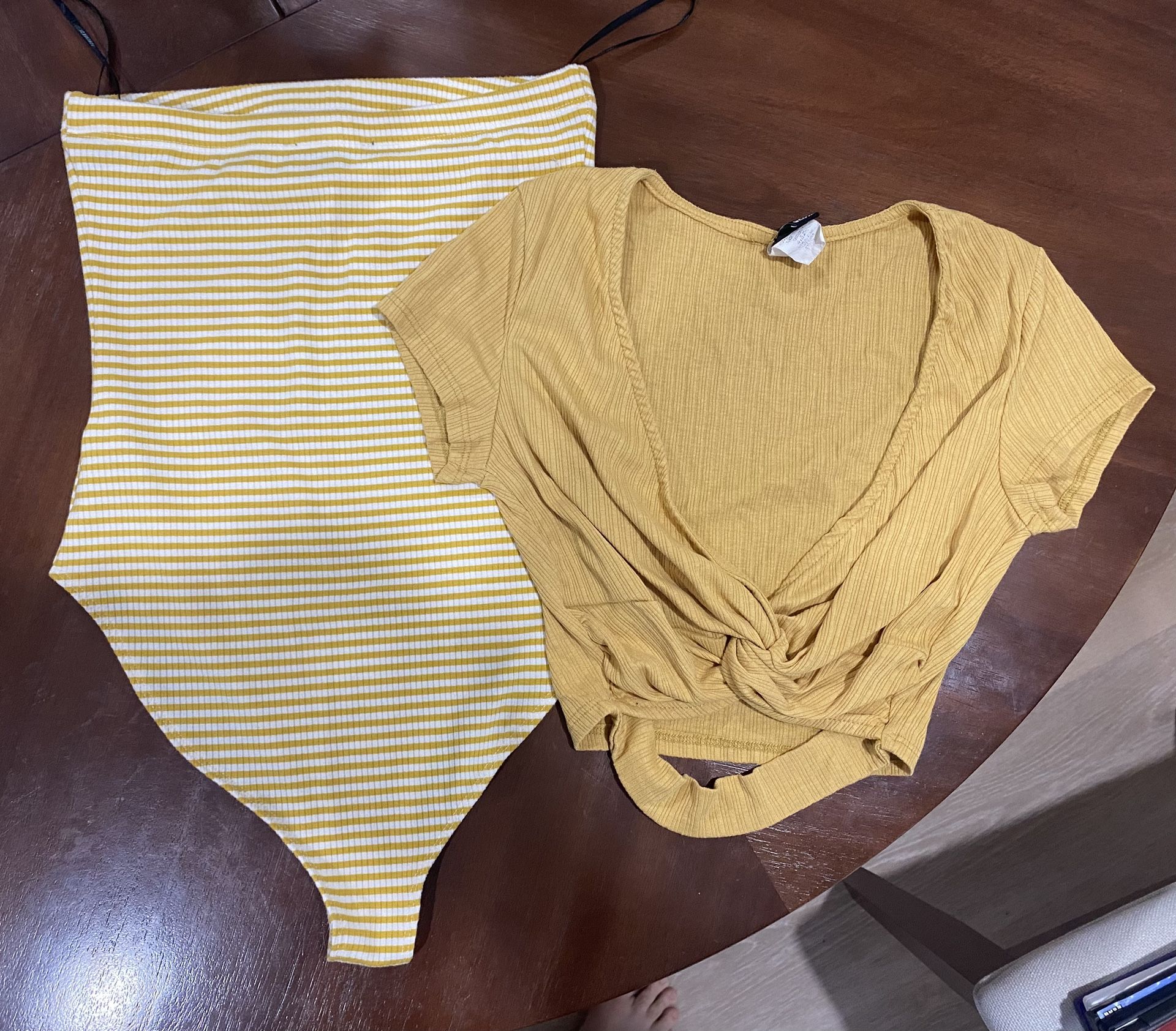 Yellow Striped Bodysuit + Mustard Crop Top (Size Small)