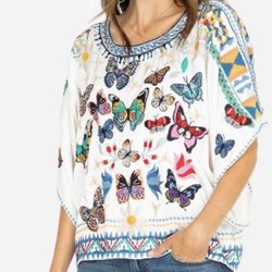 Johnny Was Vanny Embroidered Satin Butterfly Blouse