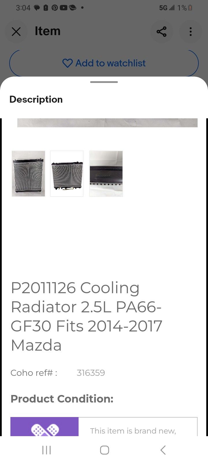 Mazda 2014 To 2017 Radiator