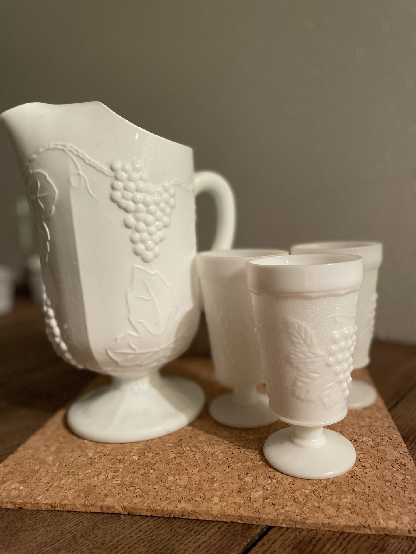 1960’s Indiana Colony Milk Glass Pitcher And Goblets with raised grape design