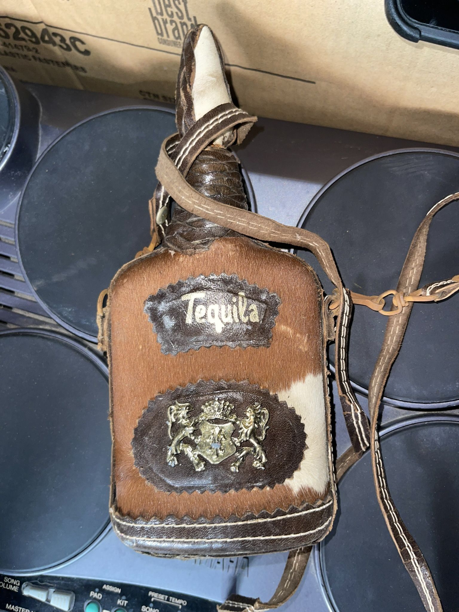 Vintage Leather & Cowhide Empty Tequila Bottle