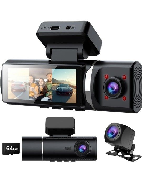 3 Channel Dash Cam 4K - 3.2”IPS 3 Channel Dash Cam Front and Rear Inside APP Control|Loop Recording|G-Sensor|Parking Mode|Night Vision|Free 64GB SD Ca