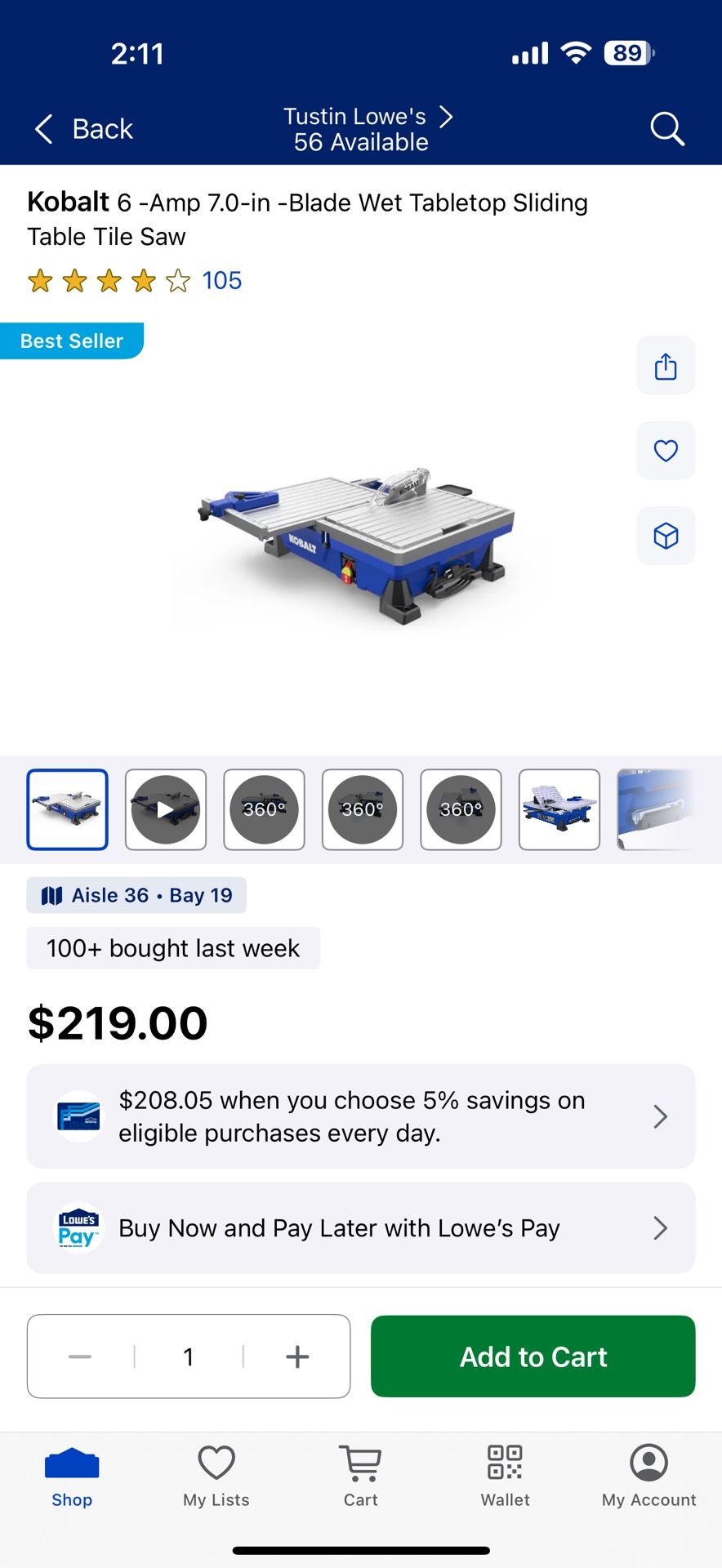 Kobalt 6 -Amp 7.0-in -Blade Wet Tabletop Sliding Table Tile Saw