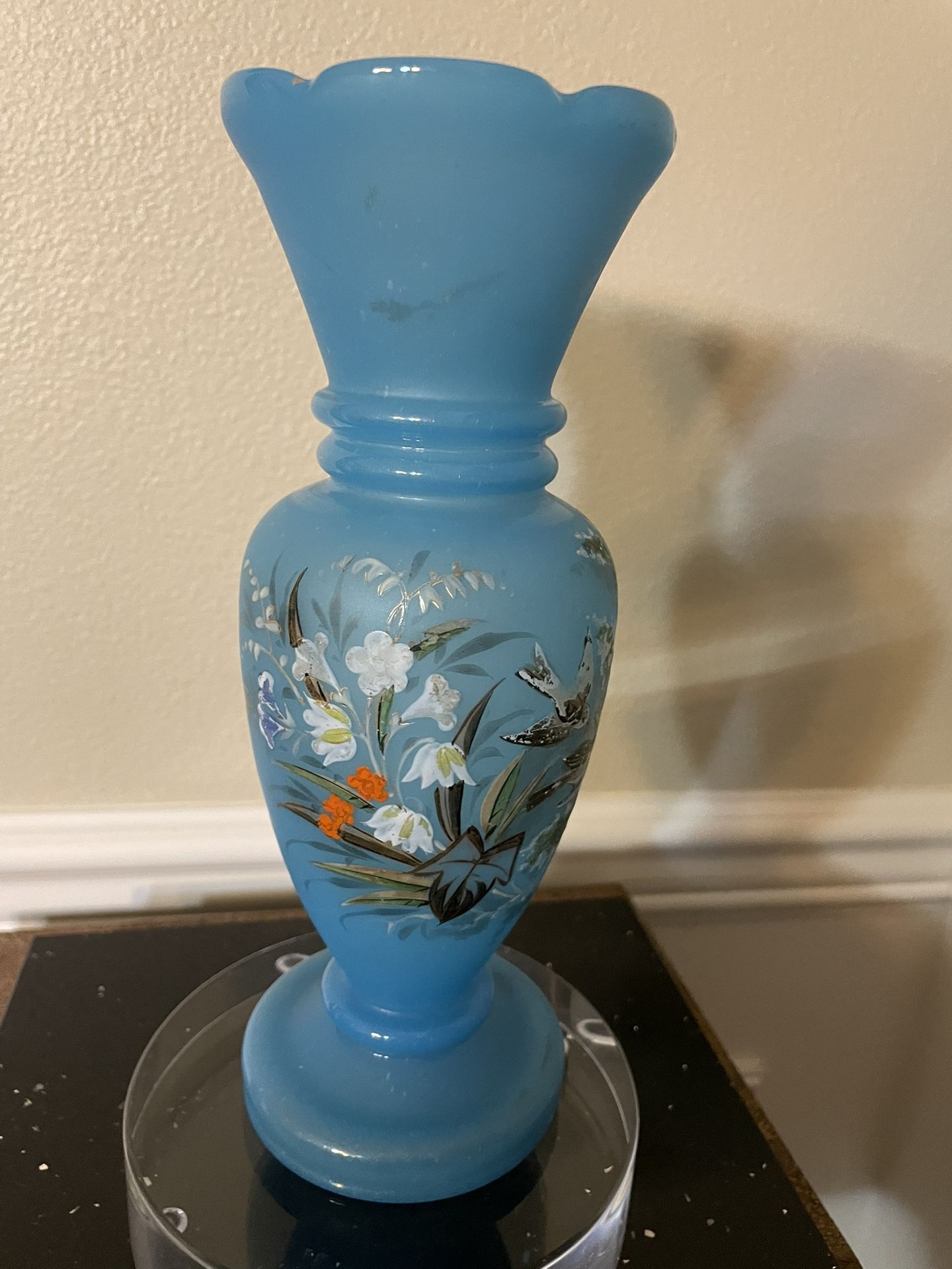 Antique Victorian Hand Blown,Hand Painted Blue Glass Vase 9.5” T