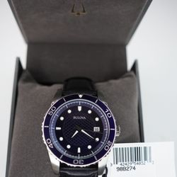 Bulova 98B274 Marine Star Blue Dial 43mm Quartz Men's Watch Black Leather Date