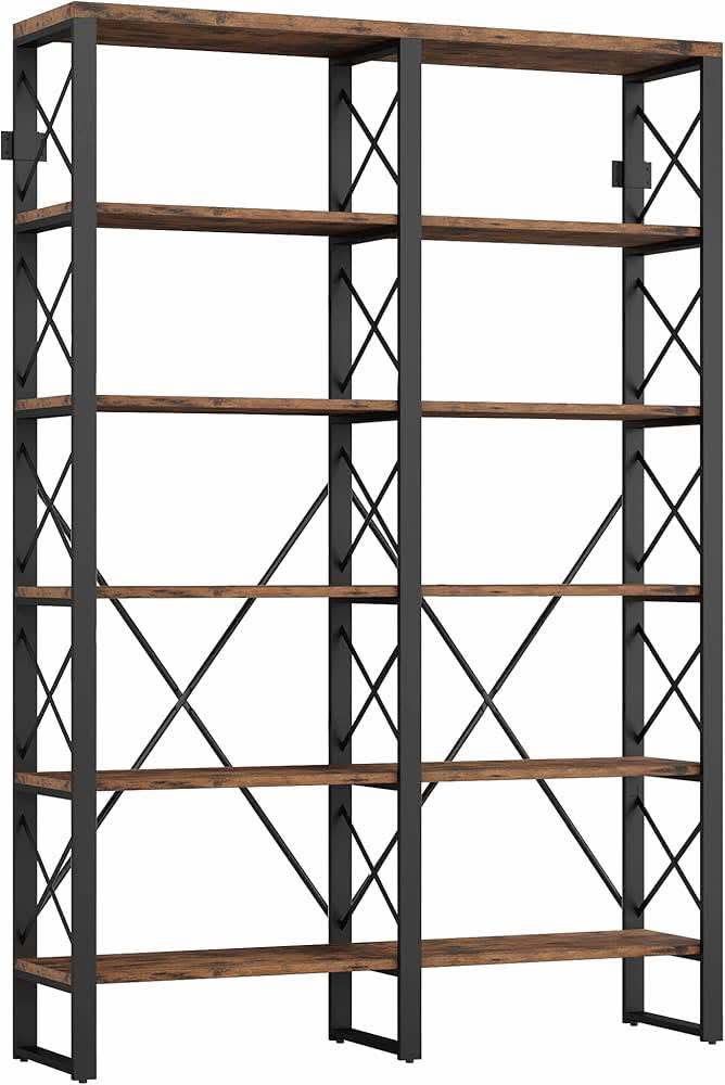 Bookshelf Double Wide 6-Tier 76" H, Open Large Bookcase, Industrial Style Shelves, Wood and Metal Bookshelves (small damage)(new in box)