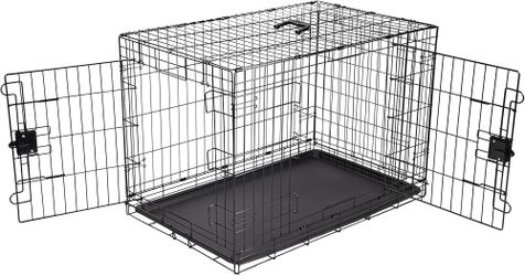 Amazon Basics Portable, Easy to Assemble, Foldable Metal Wire Dog Crate with Removable Tray, Double Door, Divider Panel, Handle, 36" x 23" x 25", Blac